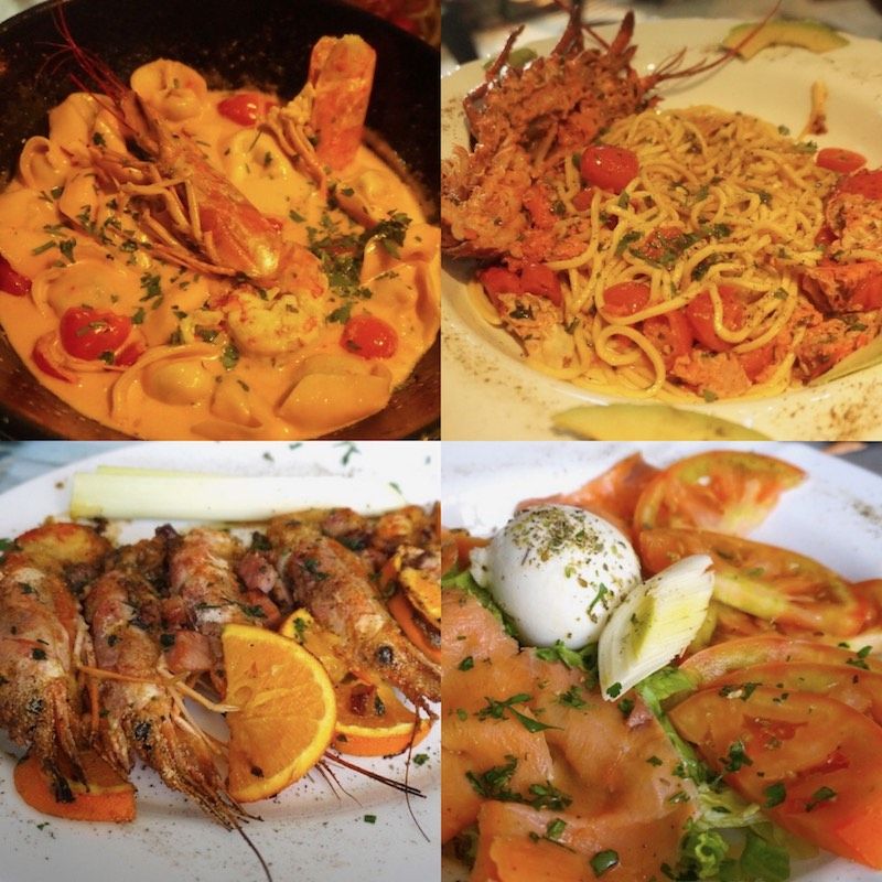 Varios de los platos que probamos en nuestro restaurante favorito en la isla "Las Flores del Mar": tortellini de espinaca y rúcula con almogrote y gambas, spaghetti fresco con bogavante, langostinos al horno con naranja, ensalada de burrata